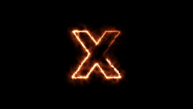 Glowing orange letter X outlined in fire and smoke against a black background alphabet flame