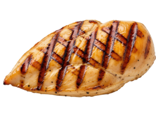 Perfectly cooked grilled chicken breast, golden brown with distinct char marks.