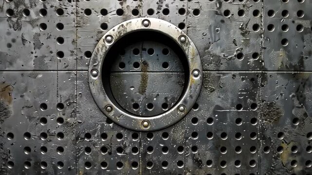 Industrial Texture: An up-close view reveals an industrial texture of worn metal, studded with perforations and rivets, showcasing the raw beauty of its imperfections and weathered resilience.