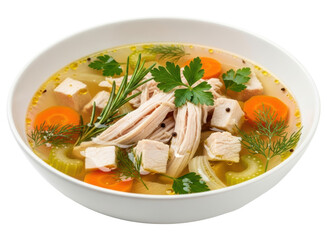 Delicious homemade chicken soup with fresh vegetables and herbs in a white bowl