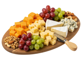 Assorted cheese and fruit board with brie, cheddar, grapes, and mixed nuts