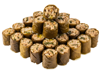 Delicious middle eastern dolmades stacked, traditional stuffed grape leaves