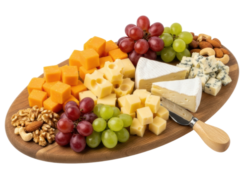 Assorted cheese and fruit board with brie, cheddar, grapes, and mixed nuts