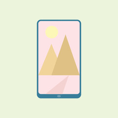 Minimalist illustration of a smartphone displaying a landscape photo icon with simple mountains and a sun on a soft pastel background, symbolizing digital images and mobile photography.