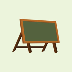 Minimalist illustration of a wooden easel holding a blank dark green chalkboard, set on a light background, symbolizing education, learning, announcements, and creative presentation.