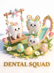 Fototapeta premium Easter teeth characters on swing and slide with pastel eggs and spring flowers on white background