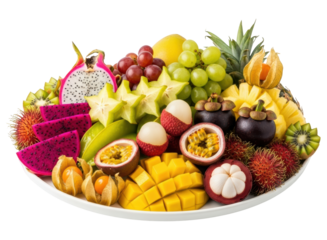 Vibrant tropical fruit platter with an assortment of exotic fresh fruits ready to eat