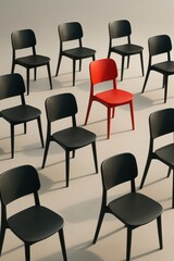 Obraz premium Row of minimalist chairs with a single bold red seat among neutrals a clear visual metaphor for diversity inclusion and standout talent in corporate culture