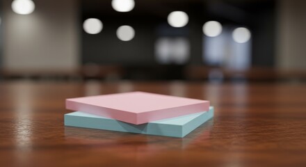 Two Stacks of Colorful Sticky Notes on a Glossy Wooden Table in an Office