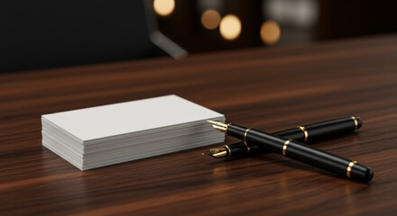 Professional Office Desk with Blank Business Cards and Sophisticated Fountain Pens