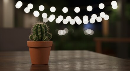 Vibrant Green Cactus in Terracotta Pot on Wood Table, Night Bokeh