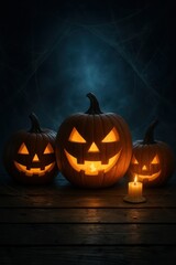 Obraz premium Spooky Halloween tabletop with pumpkins candles and cobweb drift over empty wooden boards moody blue fog and moonlight a perfect seasonal product backdrop