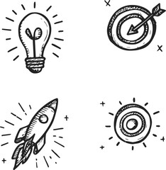 Fototapeta premium Light bulb, target, rocket, and bullseye sketch hand drawn icons — stock vector