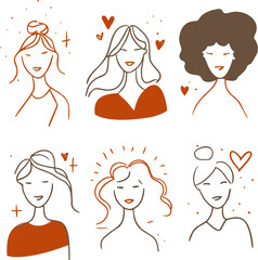 Women portraits sketch hand drawn, minimalist line art with hearts and abstract accents &mdash; stock vector