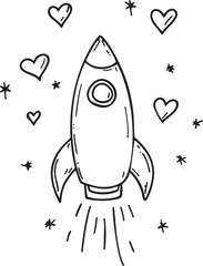 Rocket sketch hand drawn with hearts and stars in space scene — stock vector