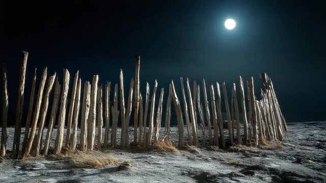 Eerie Wooden Palisade on a Snowy Plain Under the Full Moon at Night.