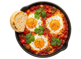 Delicious shakshuka with poached eggs, rich tomato sauce, fresh herbs, and crusty bread