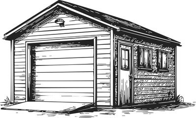 Fototapeta premium Garage sketch hand drawn style with closed door and side windows — stock vector