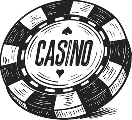 Casino chip sketch, hand drawn vector with bold text and decorative details — stock vector