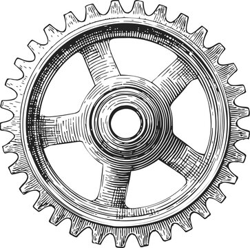 Gear wheel sketch, hand drawn vector, detailed mechanical cog with engraved lines &mdash; stock vector