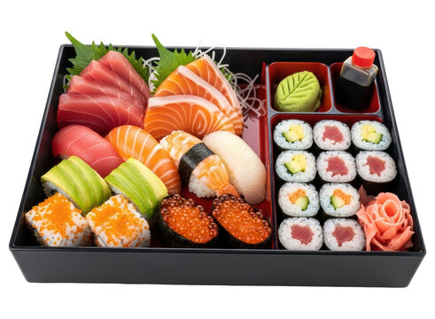 Assortment of fresh japanese sushi and sashimi in a black bento box