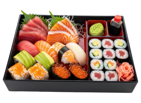 Assortment of fresh japanese sushi and sashimi in a black bento box - Powered by Adobe