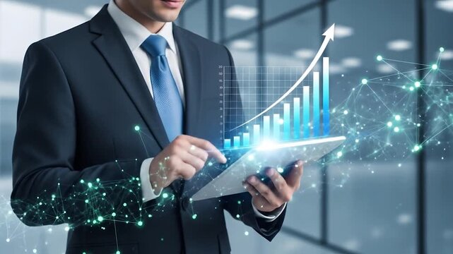 Businessman analyzing financial data with a tablet, graph showing positive growth and business success - Powered by Adobe