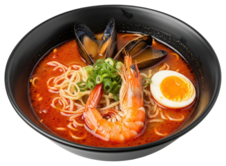 Delicious seafood ramen bowl with shrimp, mussels, noodles, and boiled egg