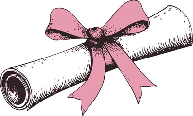 Rolled diploma sketch, hand drawn style with pink ribbon bow — stock vector
