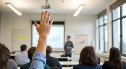 Student raising hand to ask a question during a university lecture or corporate training seminar. Education and engagement concept.
