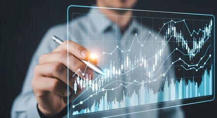 A financial expert uses a stylus to analyze a futuristic stock market chart overlaid on a screen, illustrating data analysis and investment strategy.