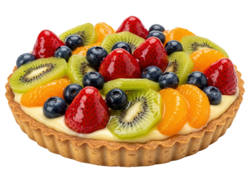 Colorful fresh fruit tart with strawberries, blueberries, kiwi, and mandarin segments