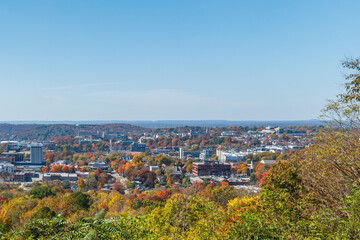 City skyline panorama with autumn foliage under clear blue sky