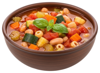 Hearty minestrone soup in rustic bowl with fresh basil and colorful vegetables