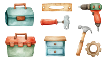 Colorful Watercolor Tool Elements with Toolbox, Ruler, Hammer, and Drill Isolated