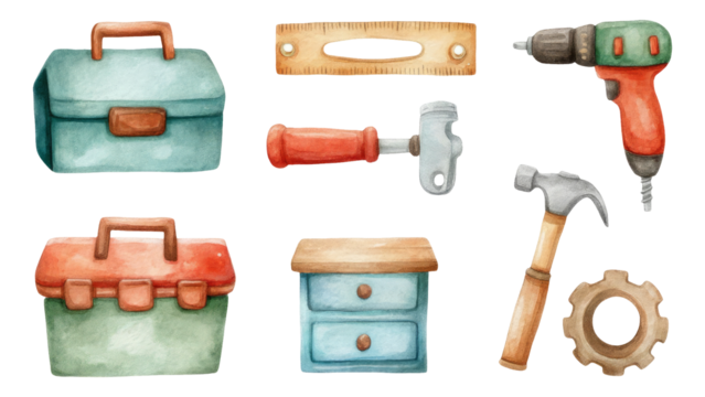 Colorful Watercolor Tool Elements with Toolbox, Ruler, Hammer, and Drill Isolated