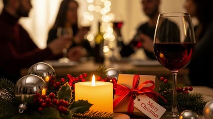 Cozy Christmas dinner table setting with a glowing candle, red wine glass, and festive holiday decorations, creating a warm celebratory atmosphere. - Powered by Adobe