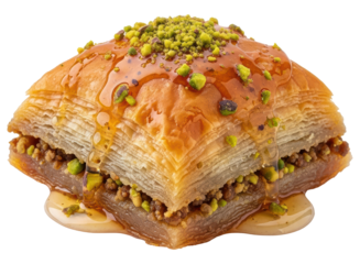 Delicious golden baklava pastry with pistachio nuts and sweet syrup drizzle
