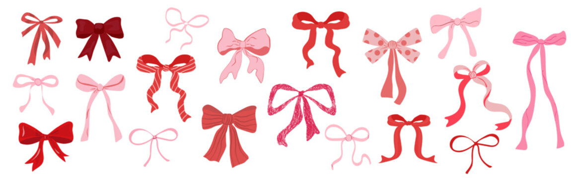 Set of pink and red bows in various shapes, styles coquette bows, gift ribbons, trendy hand drawn style. Cute hairstyle elements collection. Isolated clip arts for card, wedding, gifts, girls decor.
