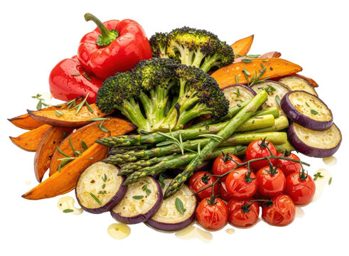 Colorful medley of roasted vegetables, bell peppers, broccoli, asparagus, and tomatoes