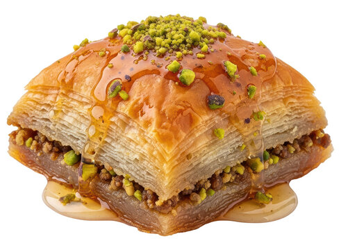 Delicious golden baklava pastry with pistachio nuts and sweet syrup drizzle