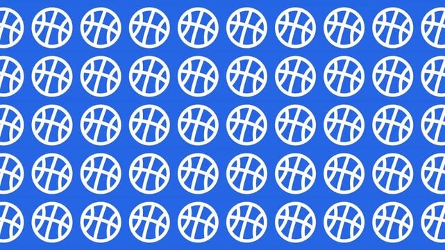 Repeating pattern white basketball icons blue suitable for sports themes, backgrounds, wallpapers, prints, athletic events, and team merchandise.