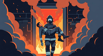 Brave Firefighter Rescuing Person From Burning Building Vector Illustration