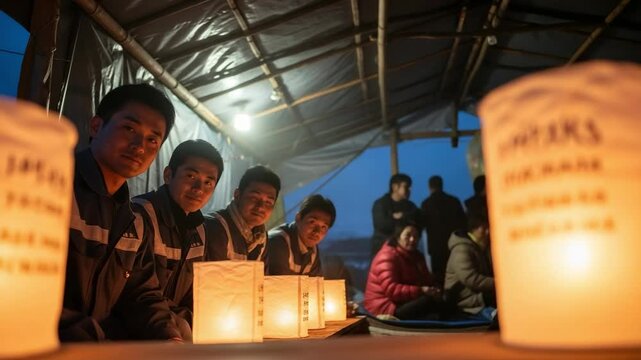 Young Asian men and adults gather inside a temporary tent, illuminated by a row of glowing paper lanterns, creating a warm and contemplative evening atmosphere.