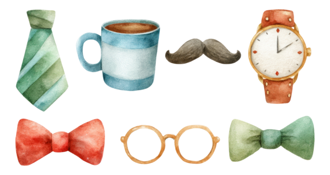 Watercolor Collection of Accessories with Ties, Mugs, Glasses, and Mustaches
