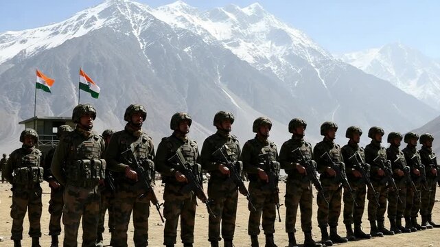 Indian Army soldiers in camouflage uniform standing in a disciplined line with rifles against a backdrop of majestic snow-capped mountains, symbolizing national defense and security.