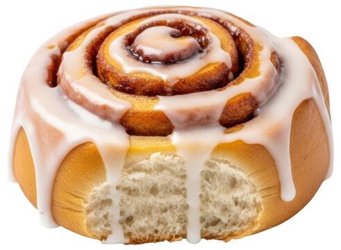 Delicious cinnamon roll with sweet white icing dripping down, a perfect baked treat