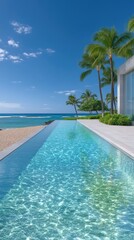 Luxury Tropical Villa Infinity Pool Overlooking Ocean Under Bright Blue Sky With Lush Green Palm Trees and White Clouds