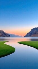 Serene Grassy Shoreline Curves Gently Into Calm Water Reflecting A Soft Orange Sunset Sky Between Rugged Mountains