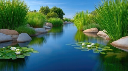 Serene Blue Pond Reflecting Clear Sky Surrounded by Lush Green Reeds and Rocks with White Water Lilies Blooming Gently in Sunlight